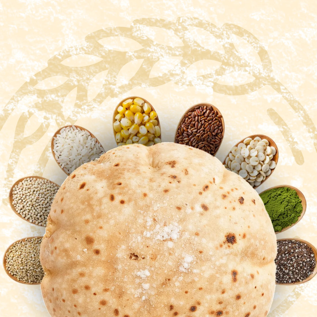 A fresh phulka surrounded by bowls of the nine grains in Phulka Multigrain Atta