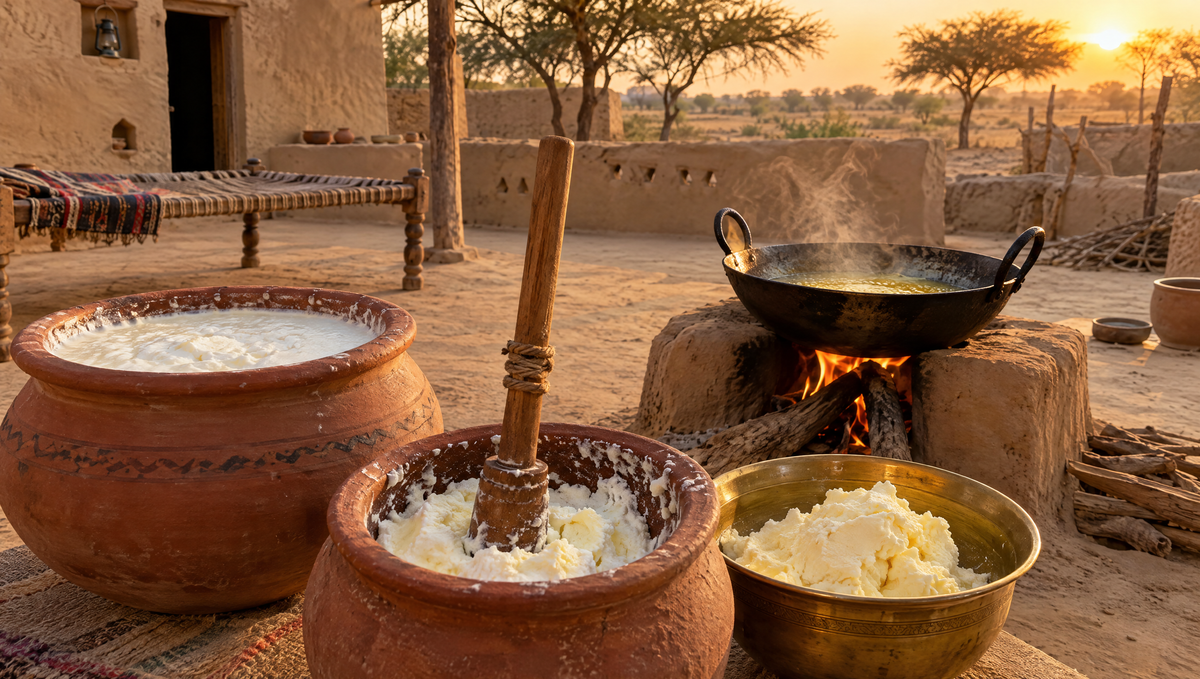 Dahi, freshly churned makhan and desi ghee simmering on a clay chulha in a village courtyard in Thal