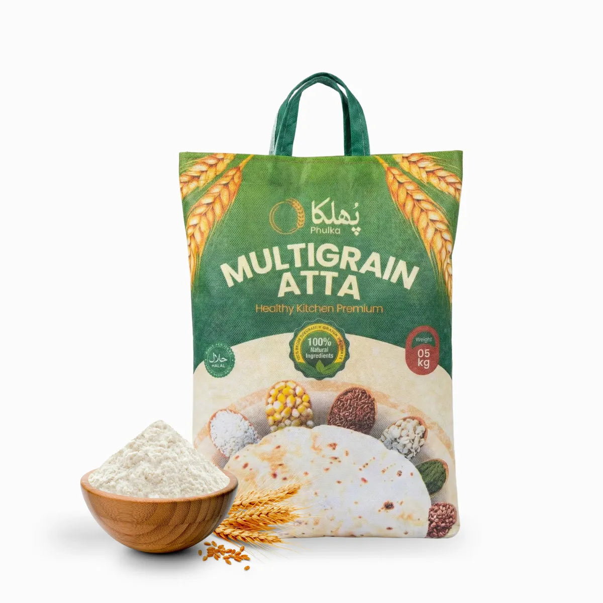 Multigrain atta package on a kitchen counter with a glass of water and rolling pin.