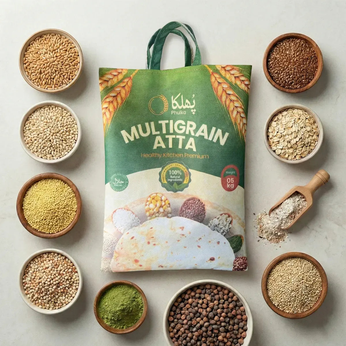 Multigrain atta package with various grains around on a light background