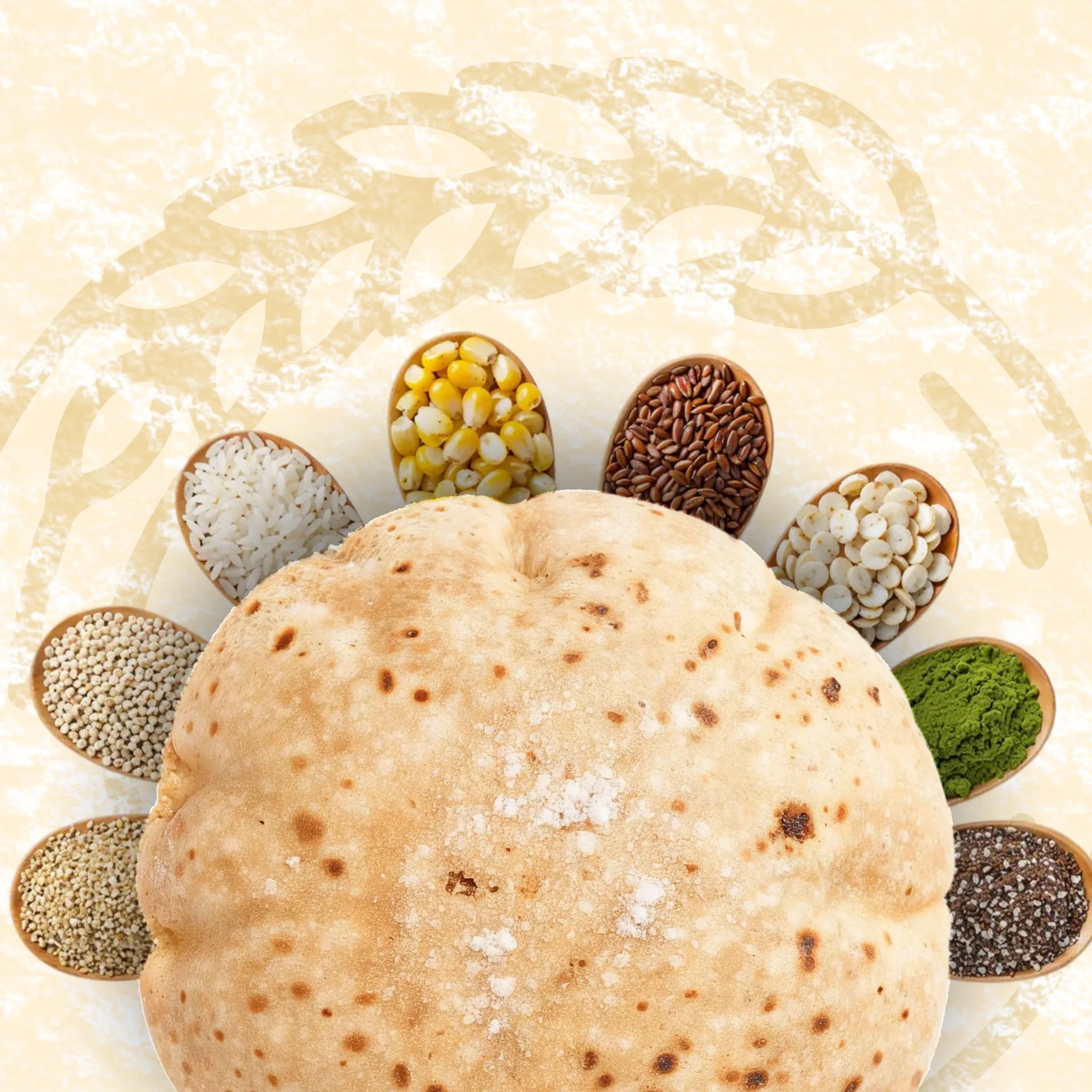 Flatbread with small bowls of different grains arranged around it on a light background