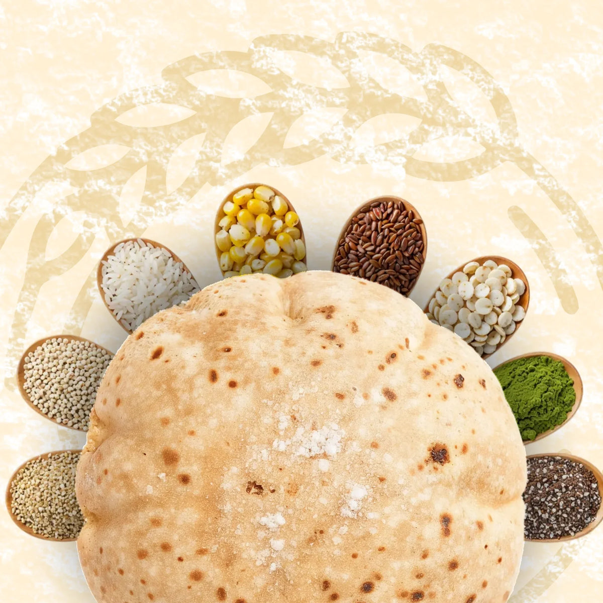 Multigrain roti with bowls of the grains in Phulka atta