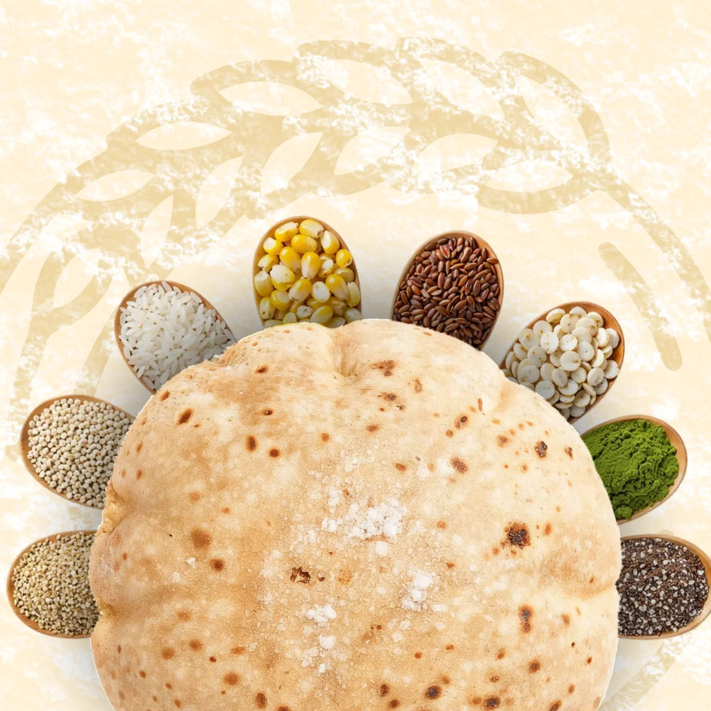 Multigrain roti with bowls of the grains in Phulka atta