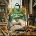 Bag of multigrain atta with a kitchen background