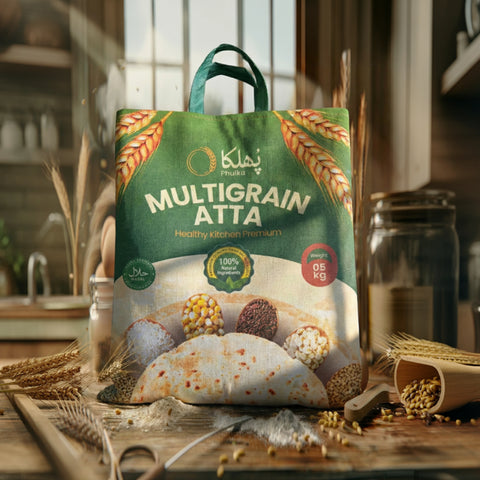 Bag of multigrain atta with a kitchen background
