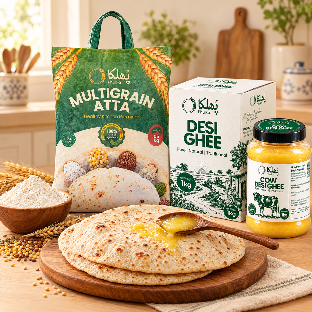 Phulka Multigrain Atta 5 kg with Phulka Cow Desi Ghee and fresh phulkas
