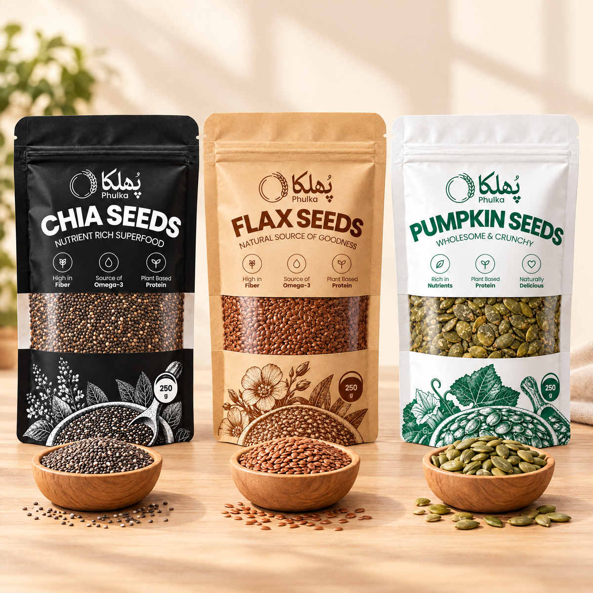 Phulka chia, flax and pumpkin seed pouches with bowls of seeds