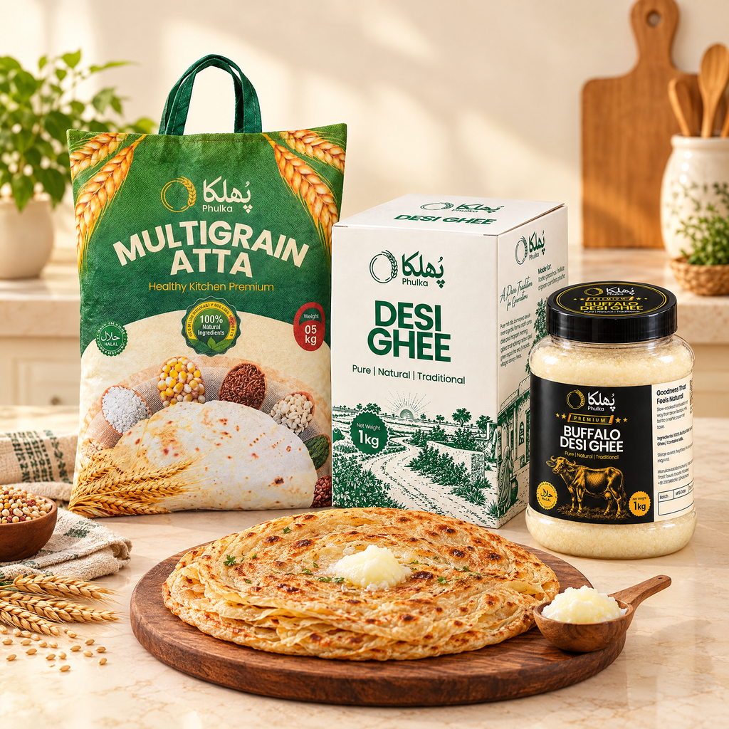 Phulka Multigrain Atta 5 kg with Phulka Premium Buffalo Desi Ghee and a paratha