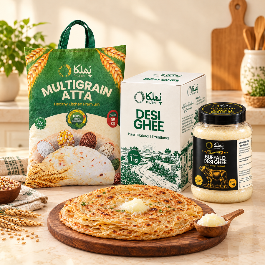 Phulka Multigrain Atta 5 kg with Phulka Premium Buffalo Desi Ghee and a paratha