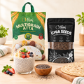 Phulka Multigrain Atta 5 kg with Phulka Chia Seeds and a glass of chia pudding