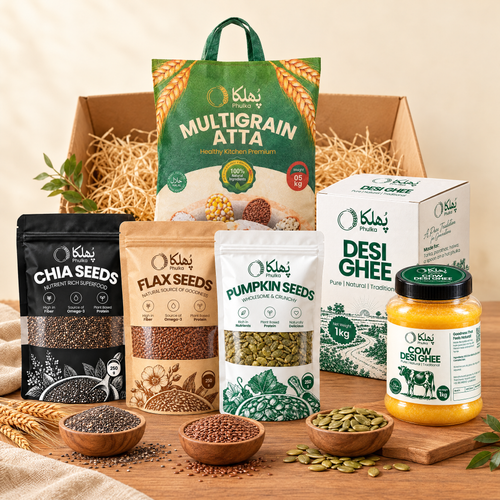 Phulka Healthy Kitchen Box: Multigrain Atta 5 kg, Cow Desi Ghee 1 kg, chia, flax and pumpkin seeds