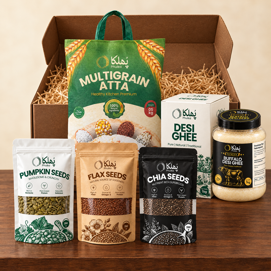 Phulka Healthy Kitchen Box Premium: Multigrain Atta 5 kg, Premium Buffalo Desi Ghee 1 kg, chia, flax and pumpkin seeds