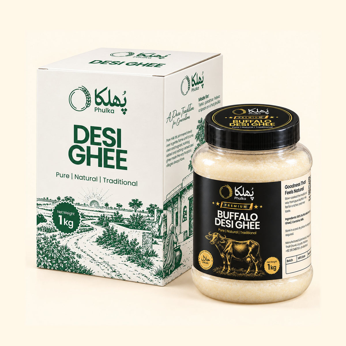 Phulka Premium Buffalo Desi Ghee 1 kg jar with its Desi Ghee box