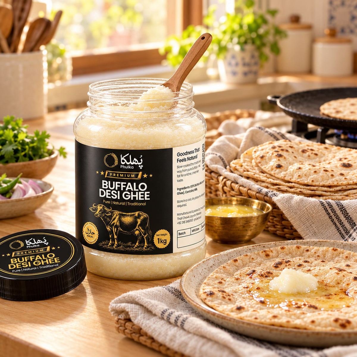 Phulka Buffalo Desi Ghee in a kitchen with parathas