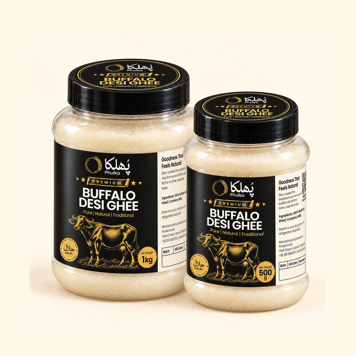 Phulka Premium Buffalo Desi Ghee 500 g and 1 kg jars