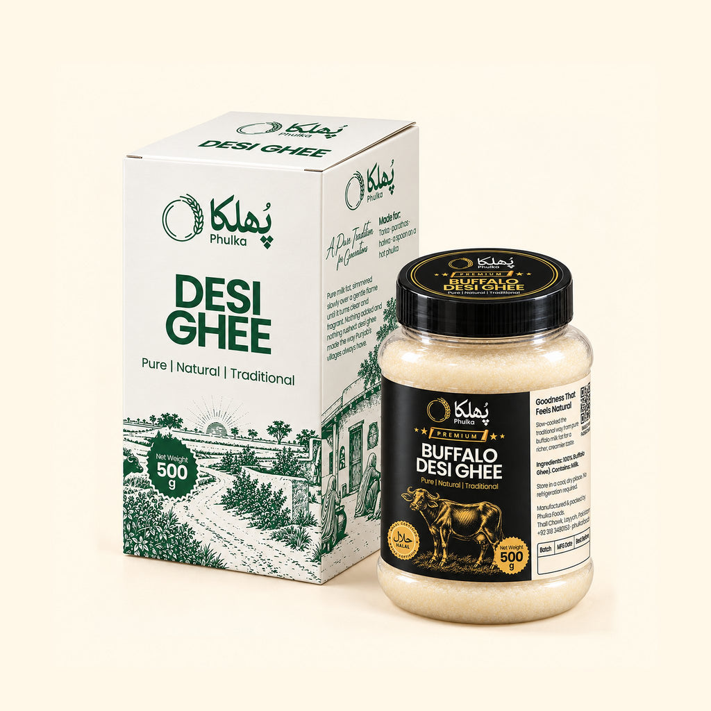 Phulka Premium Buffalo Desi Ghee 500 g jar with its Desi Ghee box