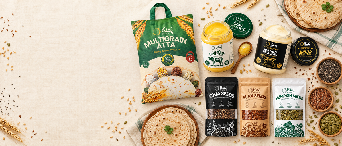 Flat lay of the full Phulka range: multigrain atta, cow and buffalo desi ghee, chia, flax and pumpkin seeds