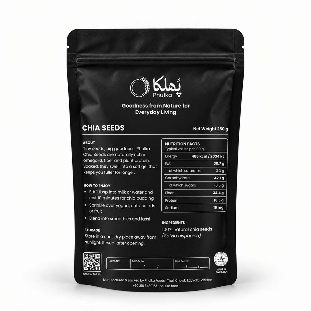 Back of Phulka Chia Seeds pouch with nutrition facts, ingredients and how to enjoy