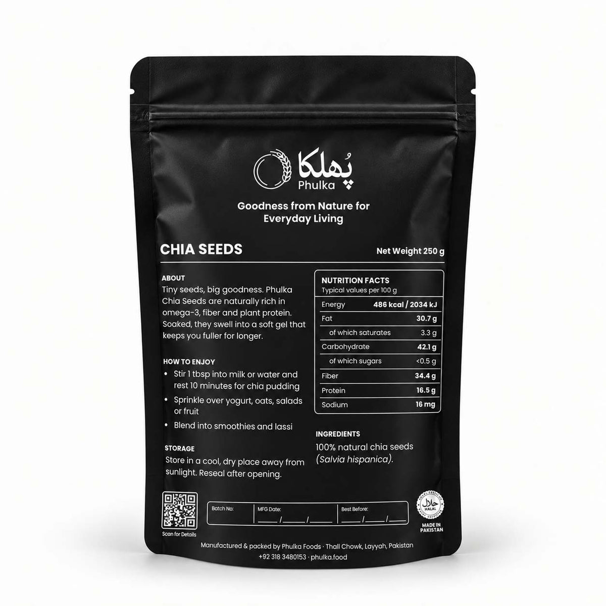 Back of Phulka Chia Seeds pouch with nutrition facts, ingredients and how to enjoy