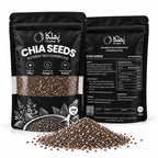 Phulka Chia Seeds 250g pouch front and back with a pile of chia seeds