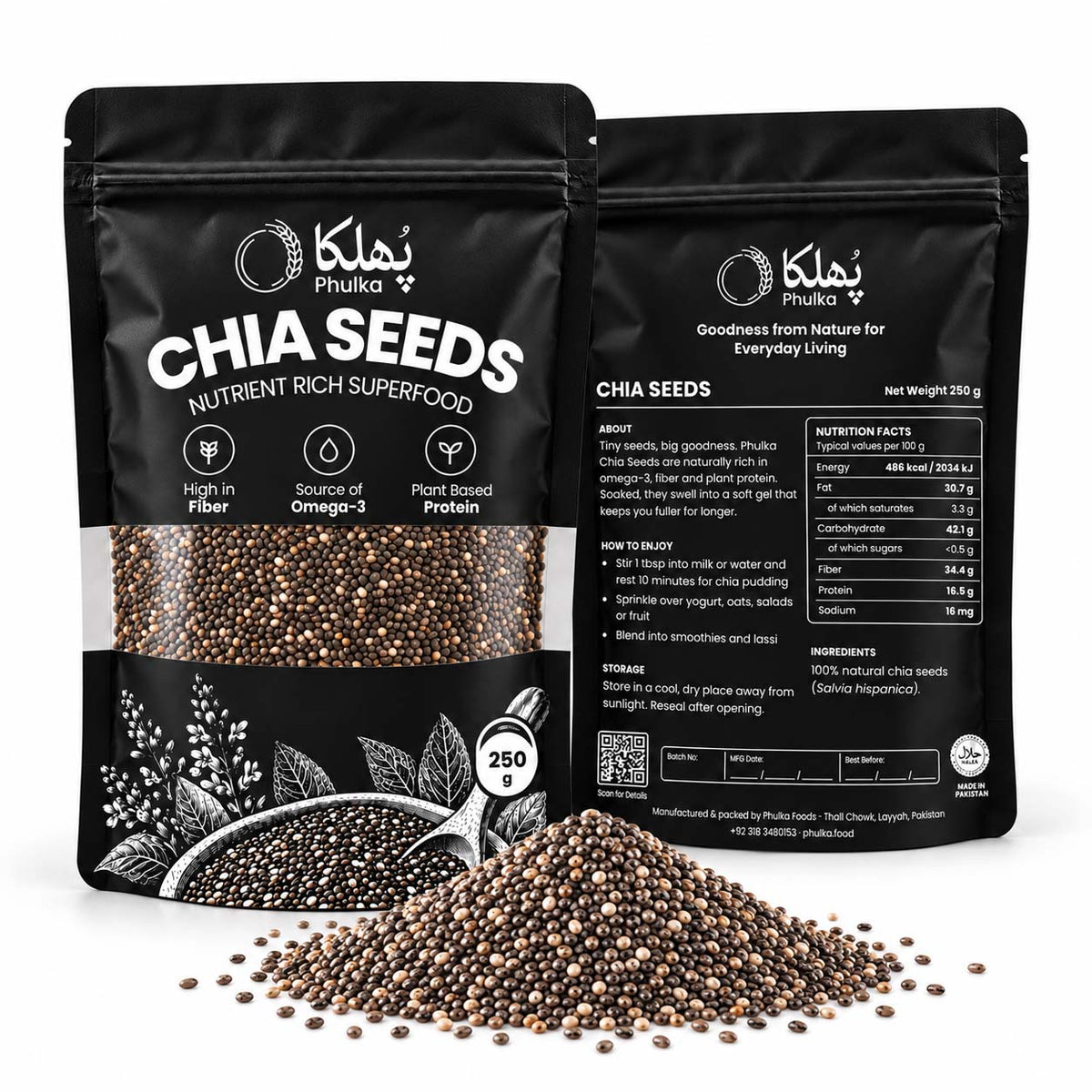 Phulka Chia Seeds 250g pouch front and back with a pile of chia seeds