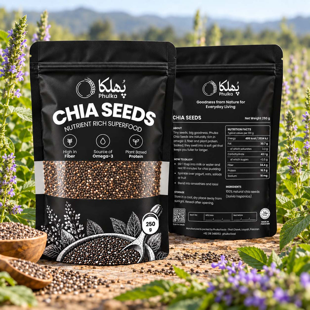 Phulka Chia Seeds pouches in a flowering chia field with wooden bowls of seeds