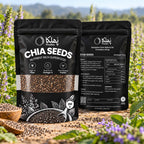 Phulka Chia Seeds pouches in a flowering chia field with wooden bowls of seeds