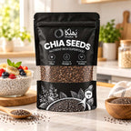 Phulka Chia Seeds pouch on a kitchen counter with chia pudding and wooden bowls of seeds