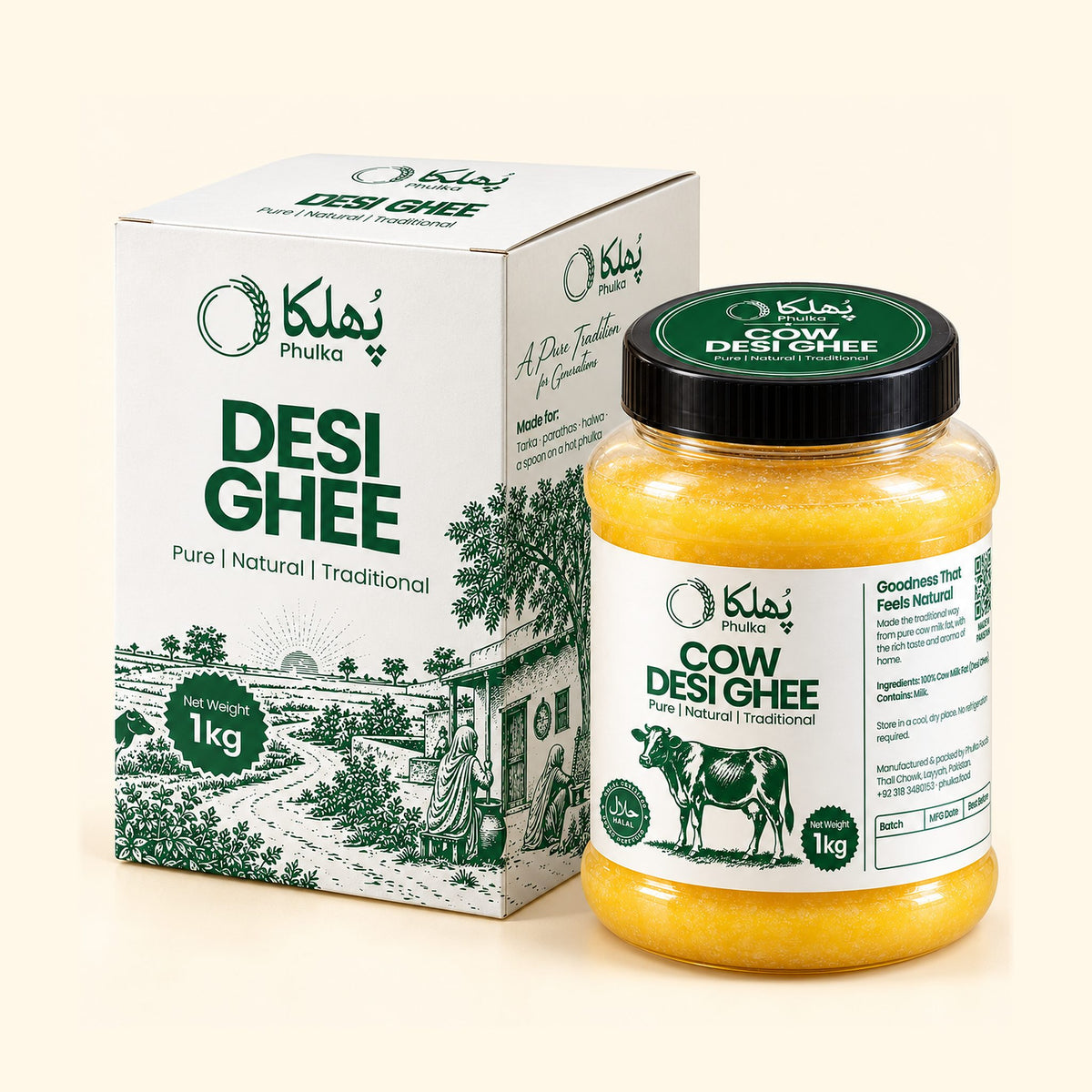 Phulka Cow Desi Ghee 1 kg jar with its Desi Ghee box