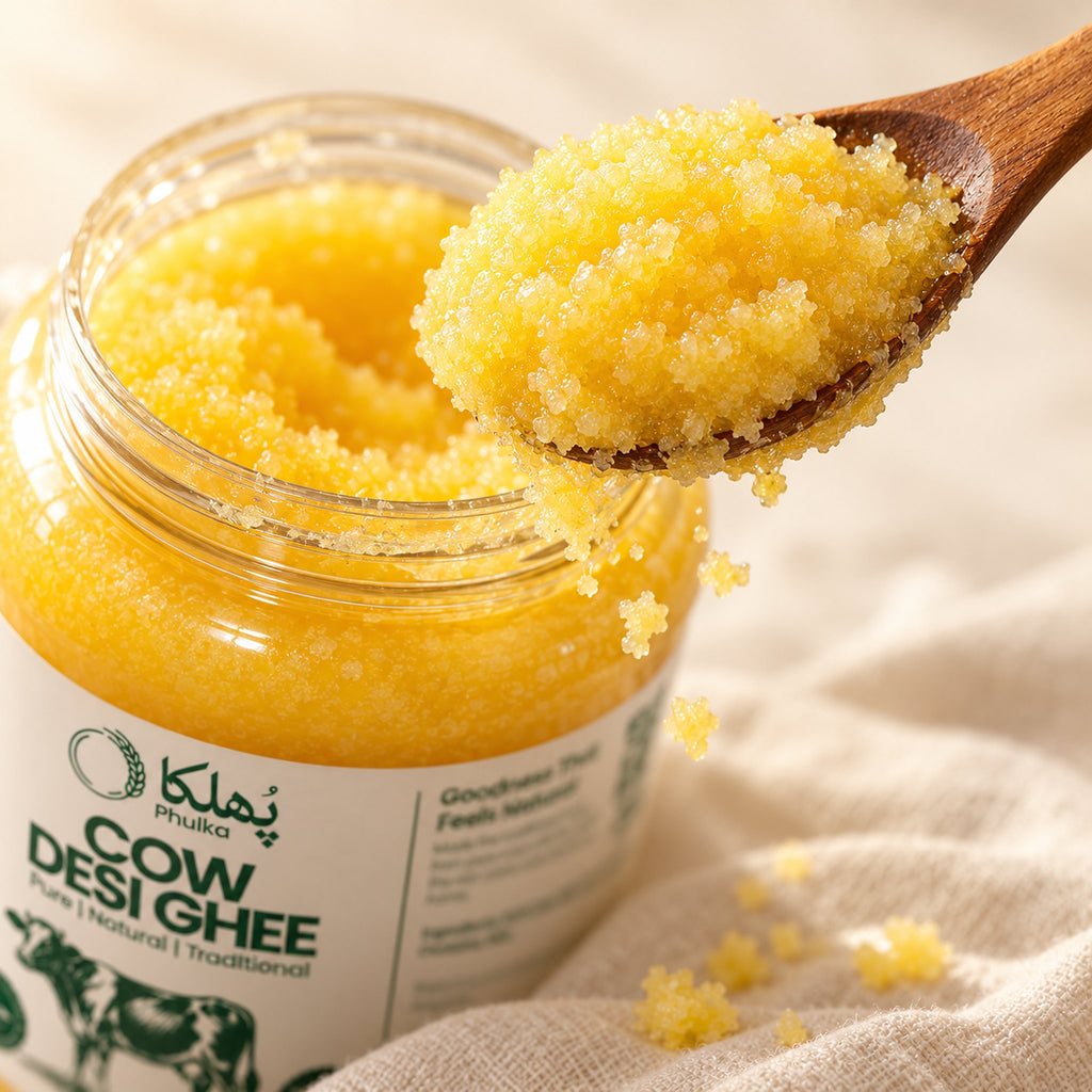 Close-up of golden Phulka Cow Desi Ghee on a wooden spoon