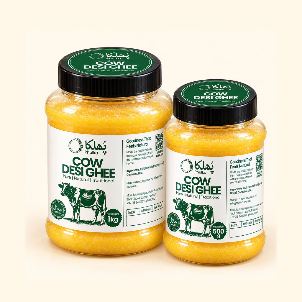 Phulka Cow Desi Ghee 1 kg and 500 g jars side by side