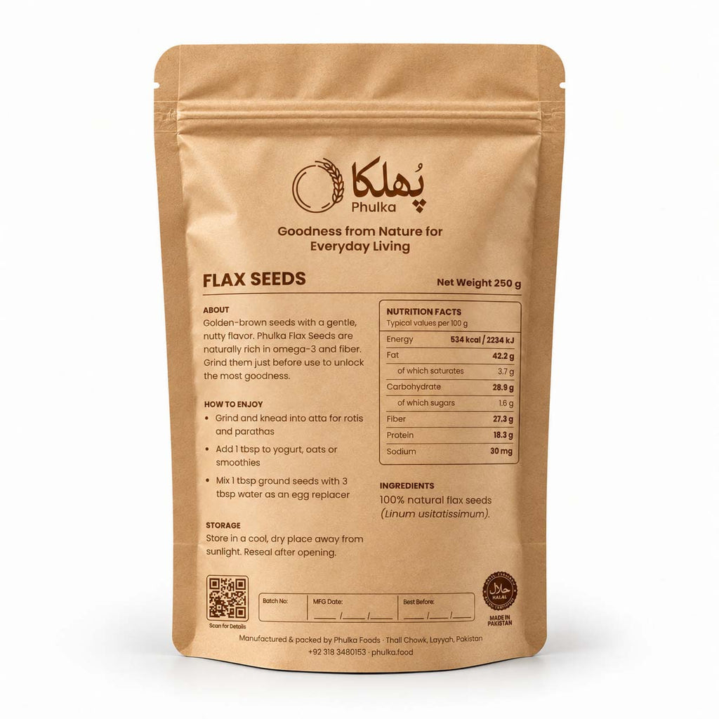 Back of Phulka Flax Seeds pouch with nutrition facts, ingredients and how to enjoy