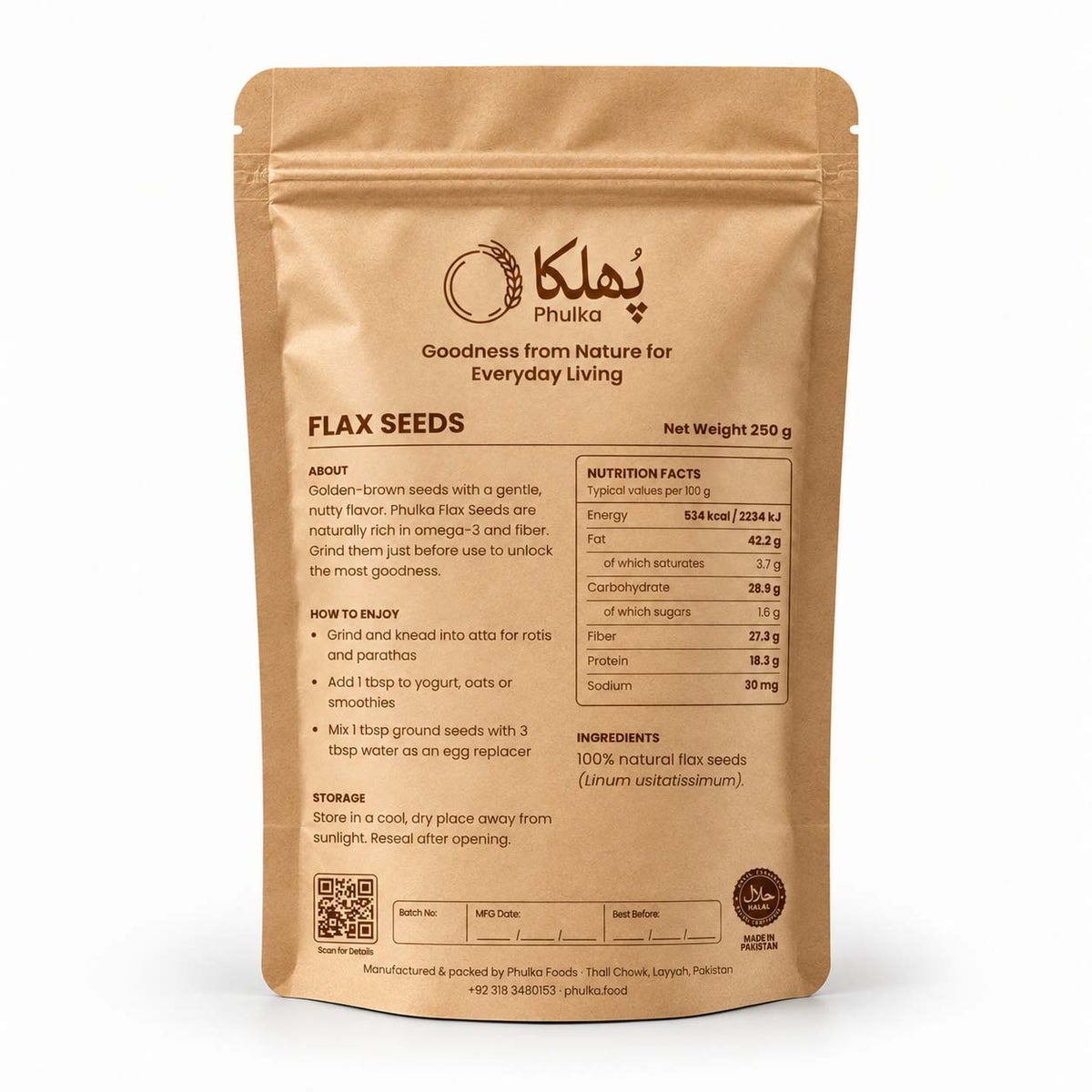 Back of Phulka Flax Seeds pouch with nutrition facts, ingredients and how to enjoy