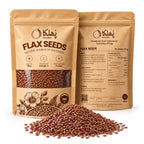 Phulka Flax Seeds 250g pouch front and back with a pile of brown flax seeds