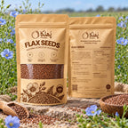 Phulka Flax Seeds pouches among blue flax flowers with a bowl and scoop of seeds