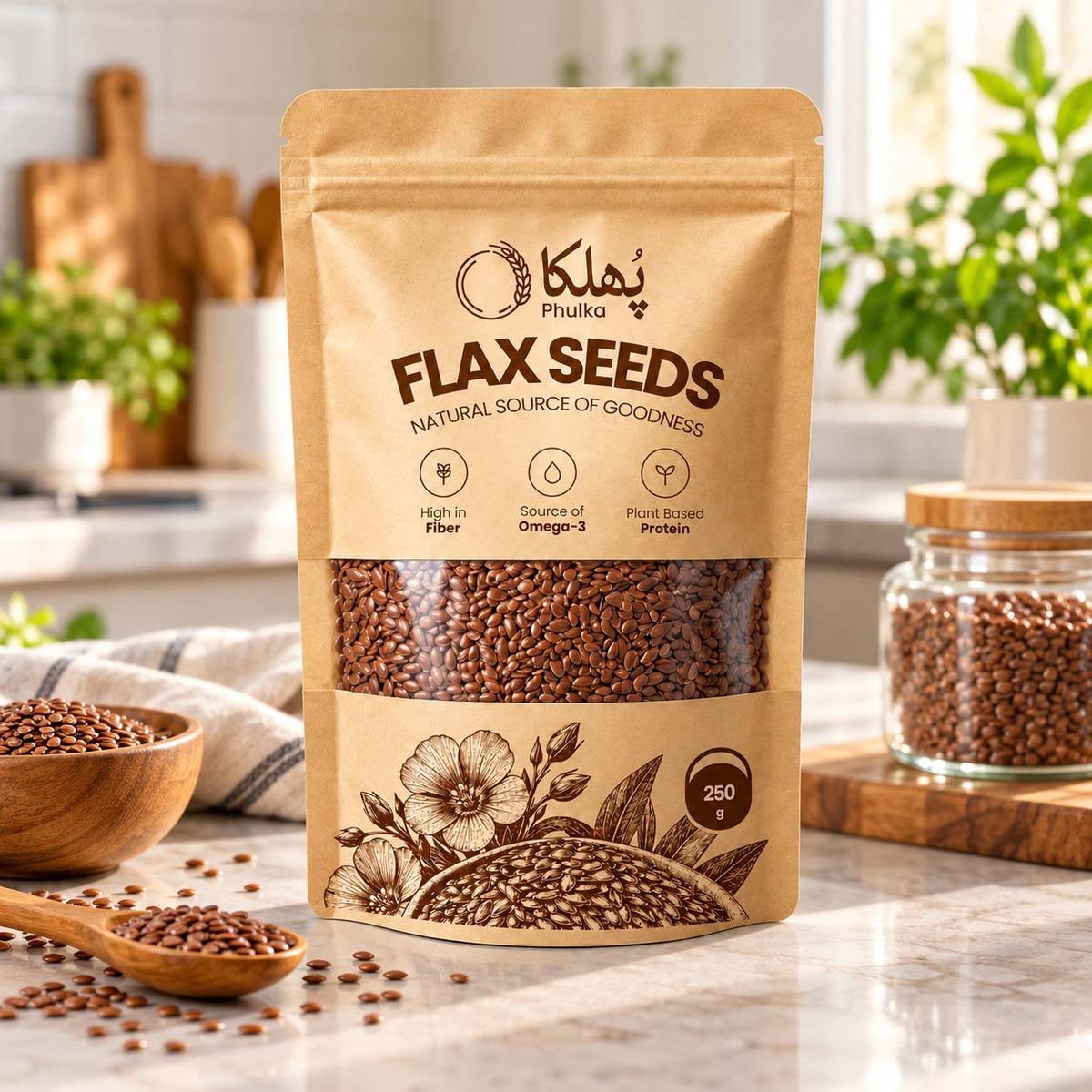 Phulka Flax Seeds pouch on a kitchen counter with a jar, bowl and spoon of alsi