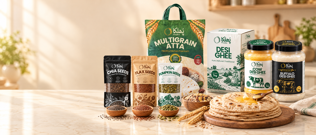 Phulka Multigrain Atta, Cow and Buffalo Desi Ghee and chia, flax and pumpkin seed pouches with fresh phulkas