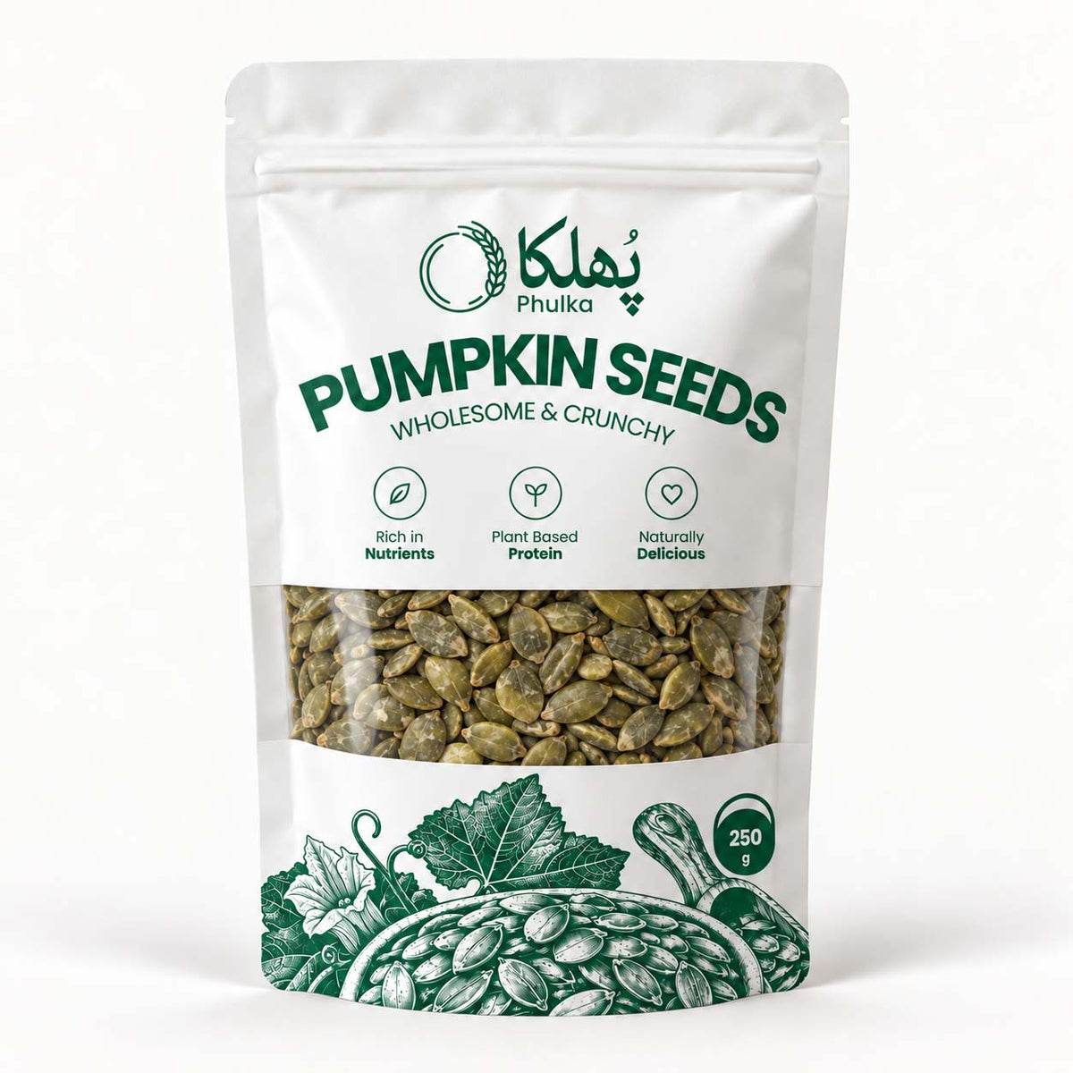 Phulka Pumpkin Seeds 250g white stand-up pouch, front - Wholesome & Crunchy