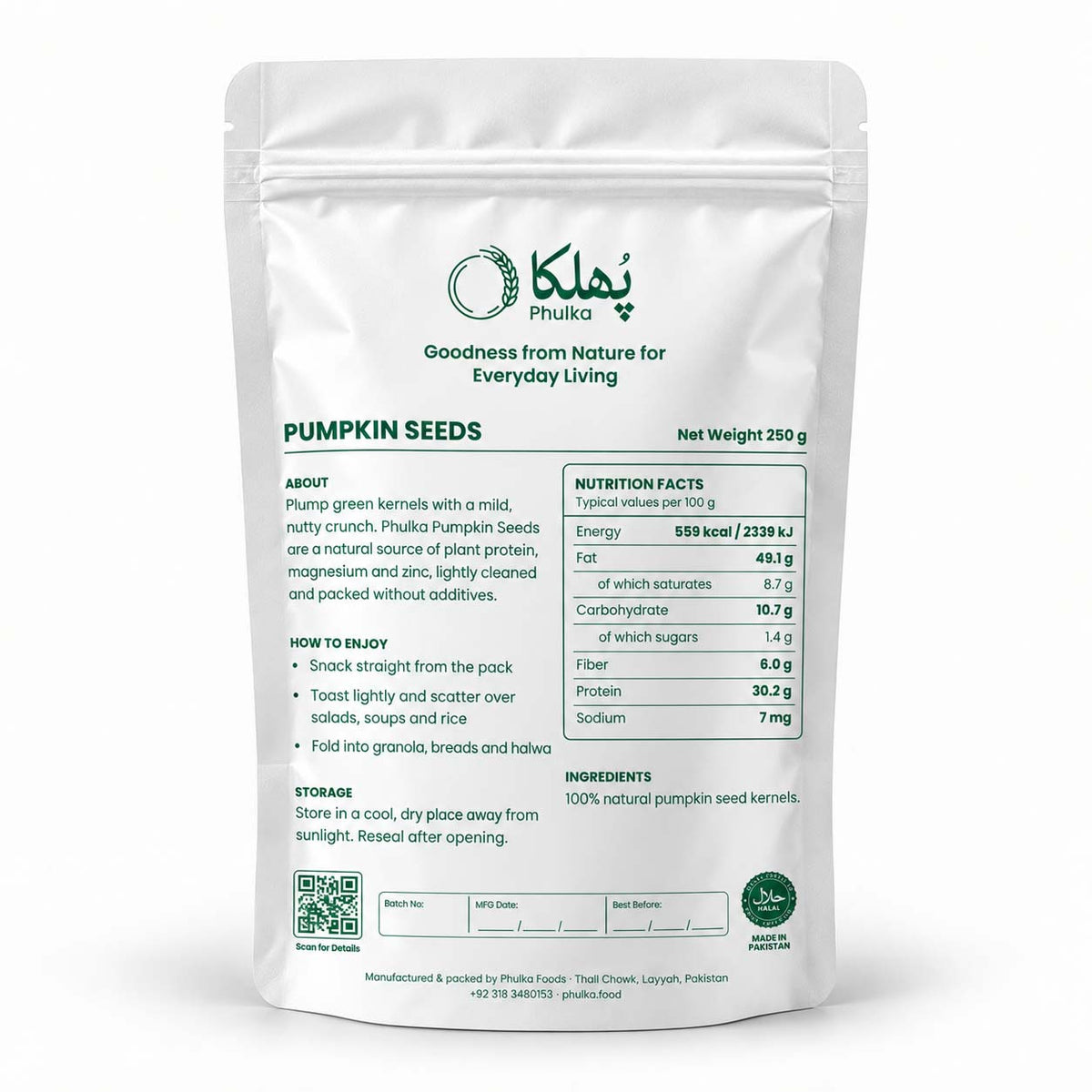 Back of Phulka Pumpkin Seeds pouch with nutrition facts, ingredients and how to enjoy