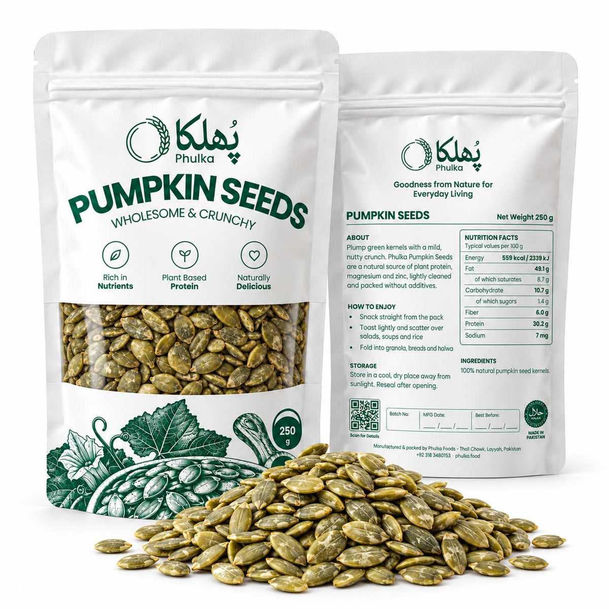 Phulka Pumpkin Seeds 250g pouch front and back with a pile of green pumpkin seed kernels