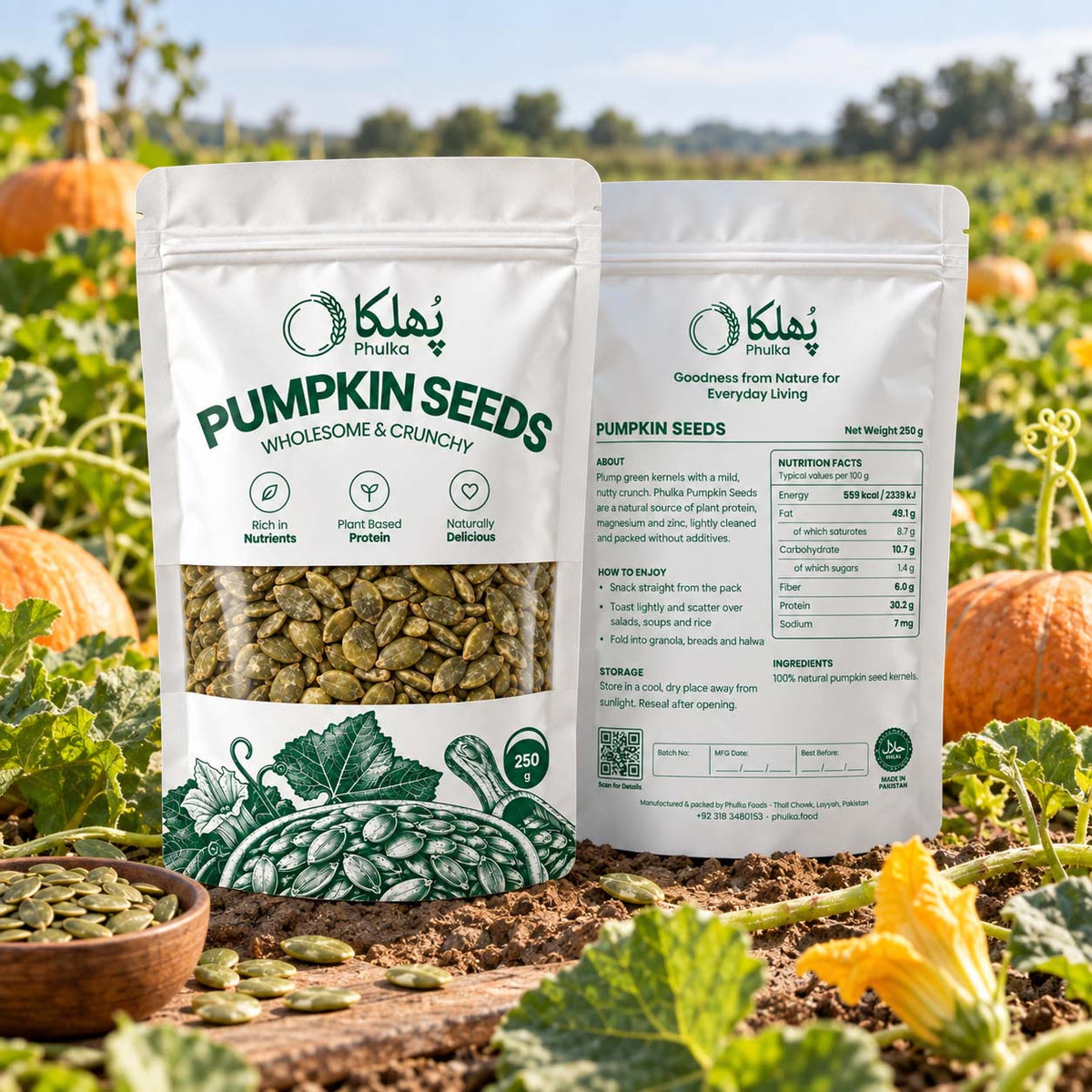 Phulka Pumpkin Seeds pouches in a pumpkin patch with a bowl of kernels