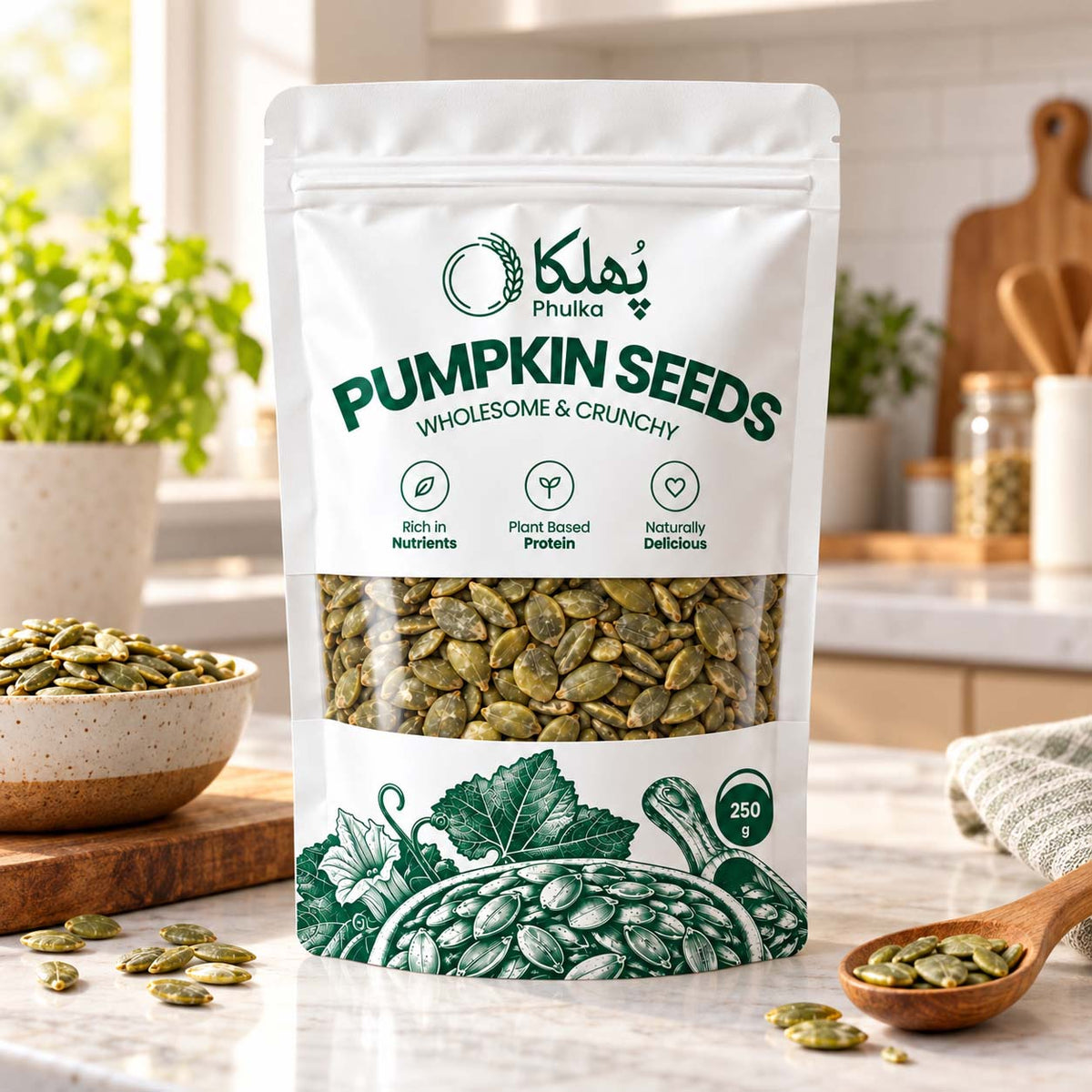 Phulka Pumpkin Seeds pouch on a kitchen counter with a bowl and spoon of kernels
