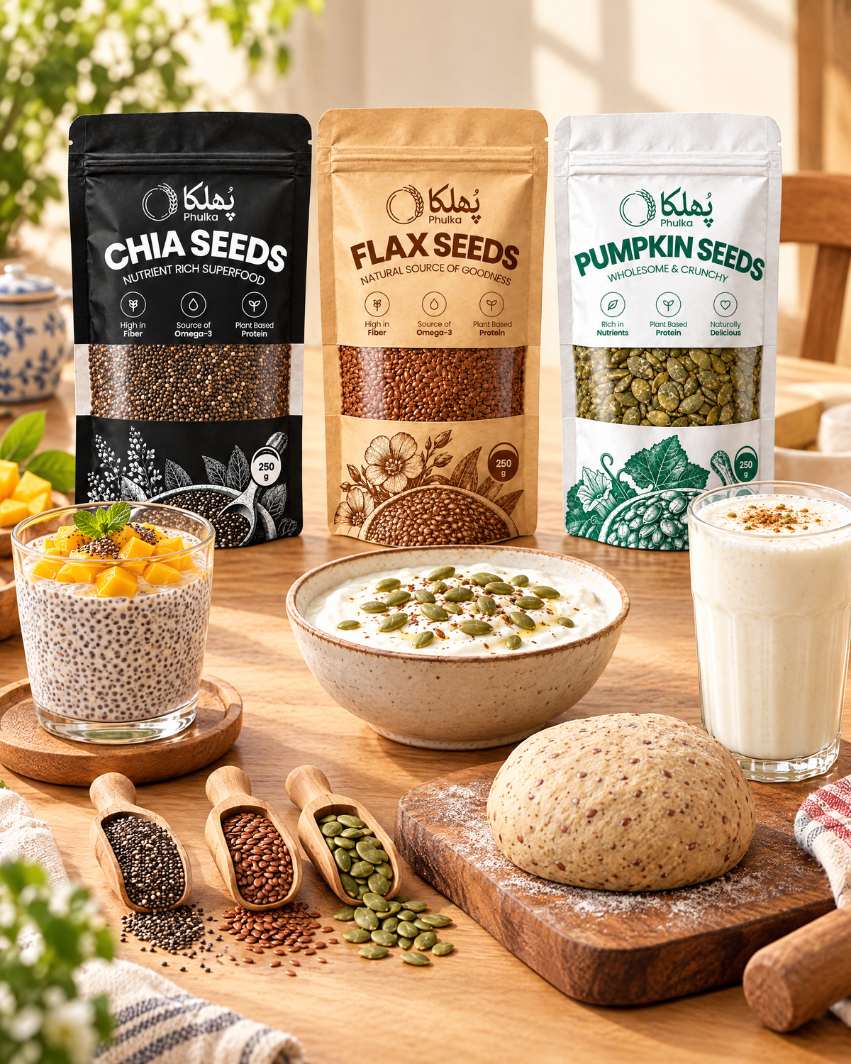 Phulka chia, flax and pumpkin seed pouches with chia pudding, dahi with pumpkin seeds and alsi roti dough